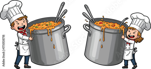 Cartoon chefs hugging soup pots illustration, joyful cooking and culinary passion concept artwork for lifestyle, food, and occupational design