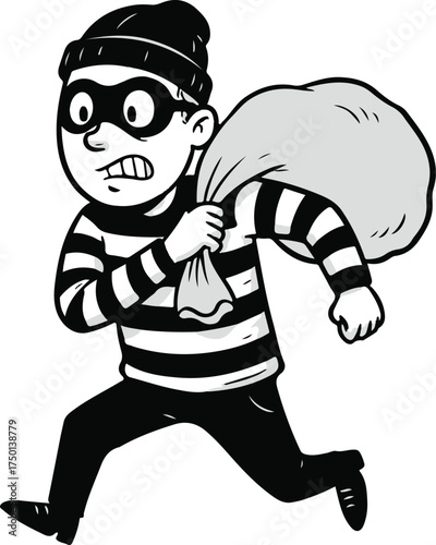 Masked burglar running with a sack of loot, black and white cartoon vector illustration


