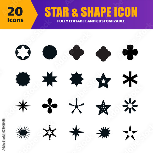 Star and Shape Icons Set – 20 Geometric Vector Outline Decorative Symbol Collection