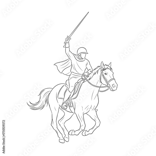 Warrior on horseback with sword raised high.