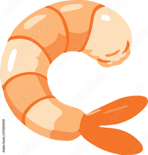Single curled cooked shrimp or prawn, simple seafood flat vector illustration

