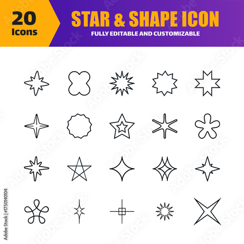 Star and Shape Icons Set – 20 Geometric Vector Outline Decorative Symbol Collection
