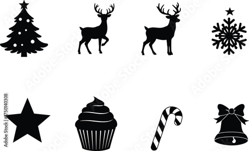 Christmas holiday icons with tree, reindeer, snowflake, star, cupcake, candy cane, bell, festive seasonal set, CAD drawing flat vector illustration