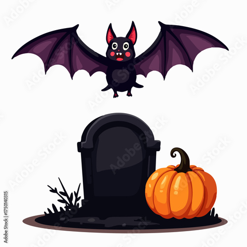 Vector halloween fashion design for children t-shirt. 
Funny bat with pumpkin on grave with tombstone isolated on white background. Cartoon autumn print 
for fabric, notepad, clothing for boy and girl