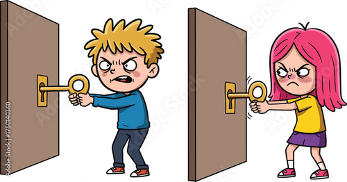 Children fighting over shared key cartoon illustration, emotional conflict and rivalry concept artwork for lifestyle, learning, and symbolic design