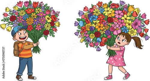 Children holding flower bouquets cartoon illustration, playful contrast and emotional gesture concept artwork for lifestyle, childhood, and symbolic design