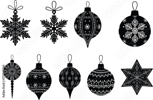 Christmas ornaments collection, festive holiday baubles, snowflake star teardrop round shapes, black and white decoration, CAD drawing flat vector illustration
