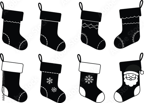 Christmas stockings with Santa Claus face, festive holiday decoration vector set, winter seasonal elements, CAD drawing flat vector illustration design