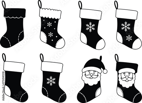 Christmas stockings with Santa Claus faces, festive holiday decoration vector set, winter seasonal elements, CAD drawing flat vector illustration design