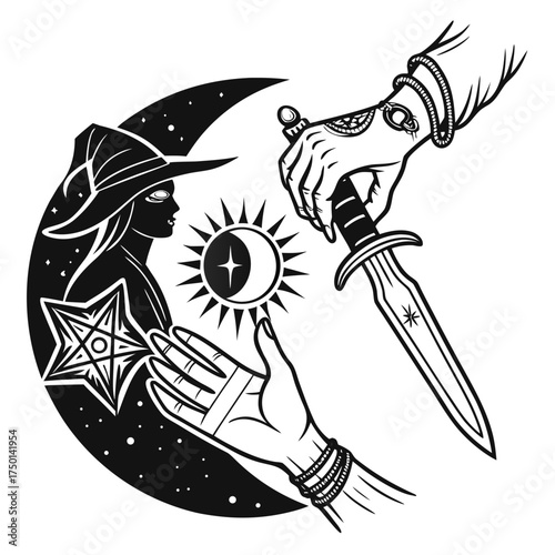 black and white engraving style witch hand and palmistry clipart.svg