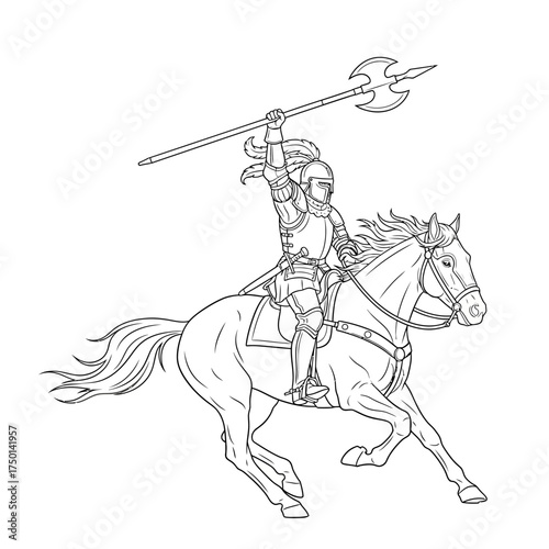 Medieval Knight on Horseback with Halberd Line Art.