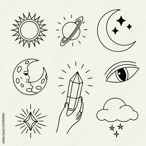 boho line icons full moon crescent moon and star clipart set.svg