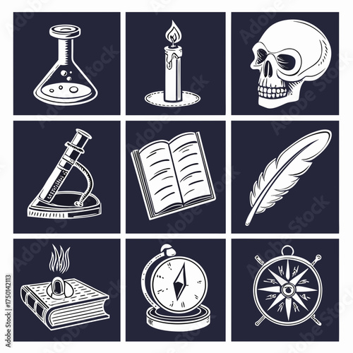 Engraved Black and White Icons – Beaker and Potion Flask Clipart Set.svg