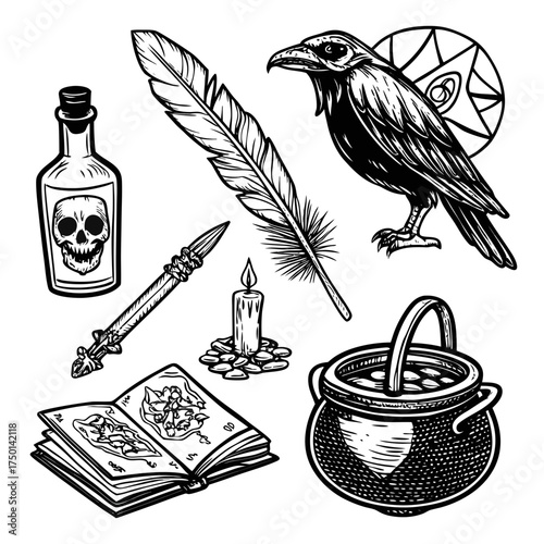 Engraved Black and White Objects – Potion Bottles Clipart Set.svg