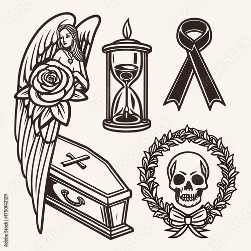 Engraved Icons – Sweeping Angel, Rose, and Hourglass Clipart Set.svg