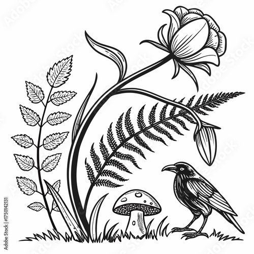 Engraved Gothic Flora – Wilted Rose and Thorn Branch Clipart Set.svg