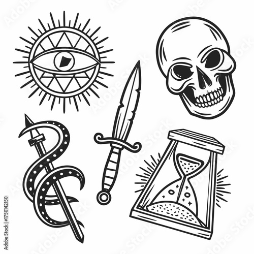 Engraving Line Icons – Eye of Providence, Skull, and Key Clipart Set.svg