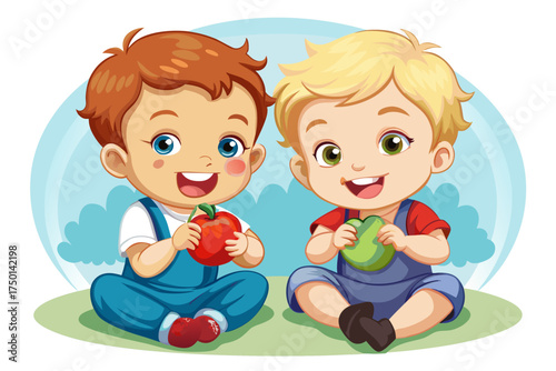 vector of Group portrait of two cute white Caucasian toddlers sitting together eating apple, childhood concept of romantic friendship, best friends