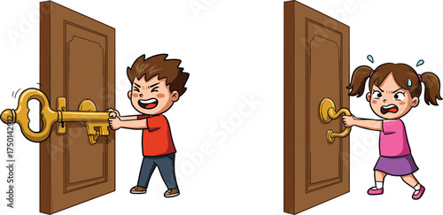 Children unlocking and opening doors cartoon illustration, emotional expression and problem-solving concept artwork for lifestyle, learning, and symbolic design