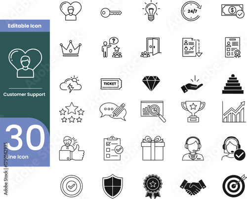 Customer Support Service Success Line Icons – Quality Assurance Symbols