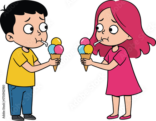 Children sipping ice cream through straws cartoon illustration, playful curiosity and emotional expression concept artwork for lifestyle, childhood, and humor design