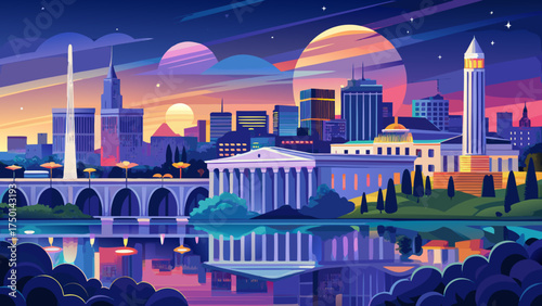 Very beautiful Arlington, Virginia skyline at dusk with vibrant city lights and reflections on the Potomac River, vector-style panoramic nightscape full of charm.