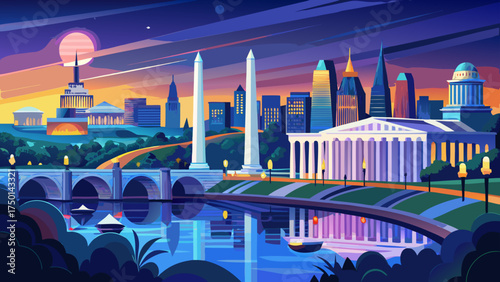 Very beautiful Arlington, Virginia skyline at dusk with vibrant city lights and reflections on the Potomac River, vector-style panoramic nightscape full of charm.