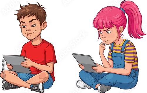Children using tablets cartoon illustration, emotional contrast and digital learning concept artwork for lifestyle, education, and symbolic design
