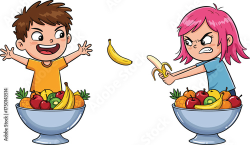 Children with fruit bowls cartoon illustration, playful interaction and emotional expression concept artwork for lifestyle, childhood, and learning design