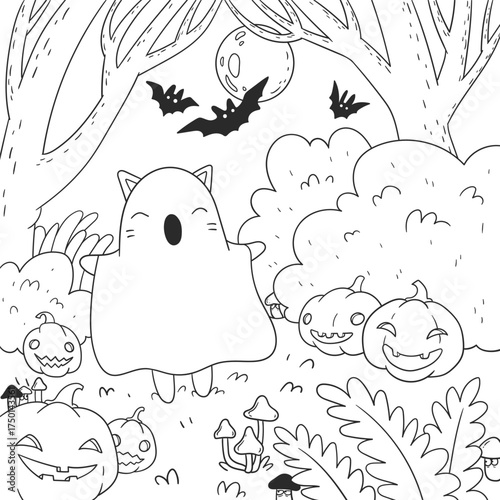 Vector contour illustration of a cat in a ghost costume. Coloring page with cute Halloween character.