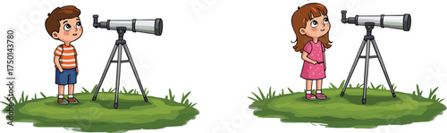 Children with telescopes cartoon illustration, stargazing and science exploration concept artwork for education, curiosity, and outdoor learning design