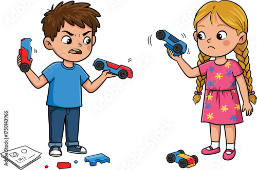 Children with toy cars cartoon illustration, playful frustration and emotional interaction concept artwork for lifestyle, childhood, and learning design