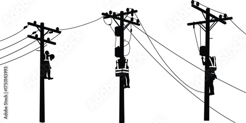 Utility line workers on poles silhouette illustration, infrastructure maintenance and occupational safety concept artwork for lifestyle, labor, and energy design