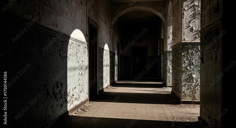 Fototapeta premium Eerie Abandoned Hallway: Light and Shadow Play on Decaying Walls