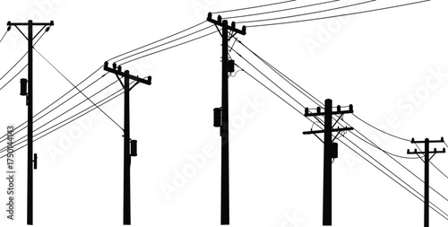 Utility poles with transformers and power lines silhouette illustration, urban energy infrastructure and grid connectivity concept artwork for lifestyle, engineering, and environment design