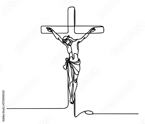 Continuous one-line illustration of Jesus Christ crucified on simple cross — minimalist religious vector drawing