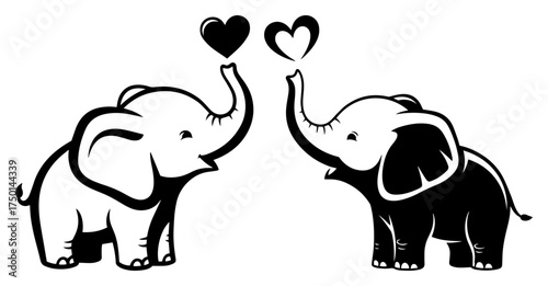Cute baby elephants facing each other with heart symbols — adorable love themed animal vector