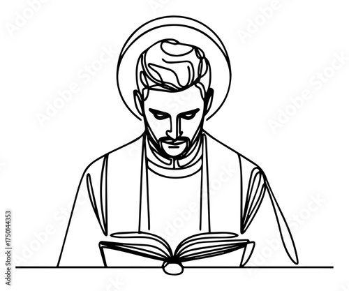 Continuous‑line illustration of male saint reading holy book with halo — minimalist sacred art