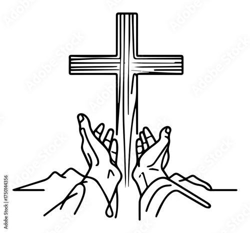 Praying hands raised toward wooden cross emerging from ground — single‑line faith symbolism vector