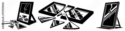 Broken mirror shards set — cracked reflective glass pieces isolated on white vector