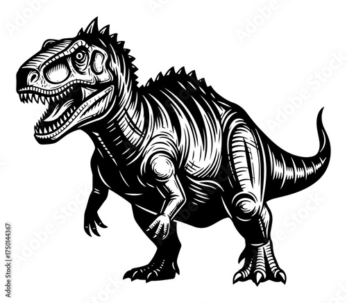 Ferocious Tyrannosaurus rex engraving style — roaring dinosaur prehistoric monster illustration