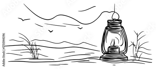 Vintage kerosene lantern resting on beach shore with seagulls — continuous line seaside sketch
