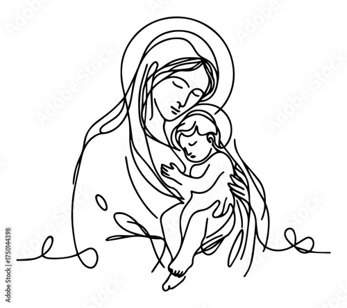 Continuous‑line Virgin Mary lovingly cradling baby Jesus — minimalist mother and child sacred illustration