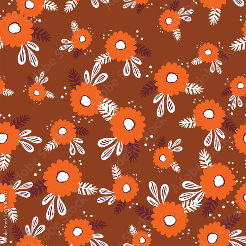 Seamless floral pattern based on traditional folk art ornaments. Colorful flowers on color background. Scandinavian style. Sweden nordic style. Vector illustration. Simple minimalistic pattern.