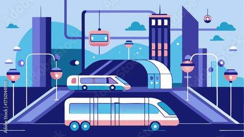 A futuristic transit hub with selfdriving trains and electric buses seamlessly integrating with digital transit maps and realtime scheduling displays.