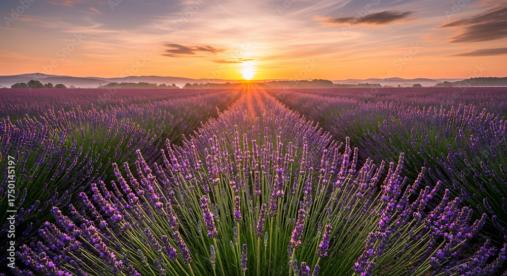 Fototapeta premium A picturesque field of lavender stretches towards the horizon at sunrise. The warm light of the sun bathes the scene in a soft glow, creating a serene and idyllic landscape.