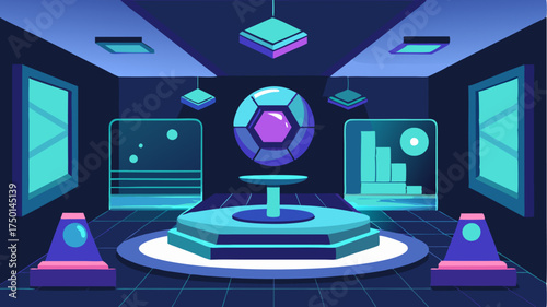 A futuristic exhibition space where holographic displays present products and services to attendees showcasing tingedge technology.