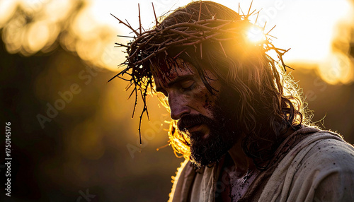 Jesus Christ crucyfied wearing crown of thorns Passion and Resurection. Good Friday. 