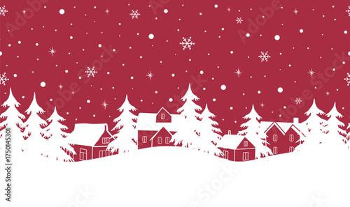 Christmas Seamless Border.. Winter Village in Forest. Houses, Fir Trees under Snow. Snowflakes. Greeting Card Template. White Silhouettes on Red Background. Vector Illustration 