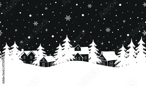 Christmas Seamless Border.. Winter Village in Forest. Houses, Fir Trees under Snow. Snowflakes. Greeting Card Template. White Silhouettes on Black Background. Vector Illustration 